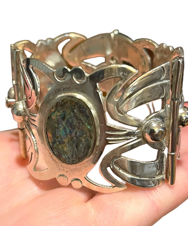 Vintage 1960s Alpaca Mexico 925 Large sterling silver link abalone bracelet