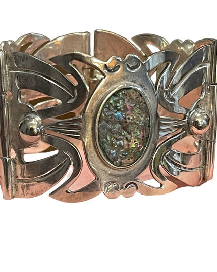 Vintage 1960s Alpaca Mexico 925 Large sterling silver link abalone bracelet