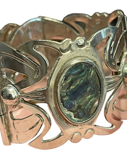 Vintage 1960s Alpaca Mexico 925 Large sterling silver link abalone bracelet