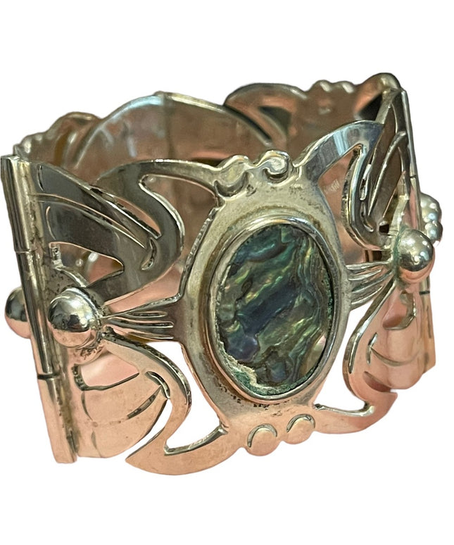 Vintage 1960s Alpaca Mexico 925 Large sterling silver link abalone bracelet