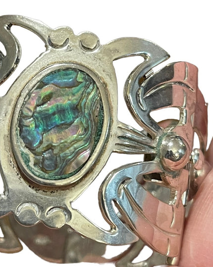 Vintage 1960s Alpaca Mexico 925 Large sterling silver link abalone bracelet