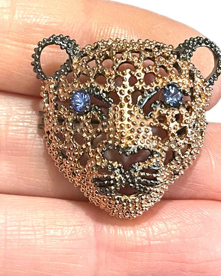 Sterling silver rose Gold plate Tanzanite gemstone Oxidized Cougar cat brooch