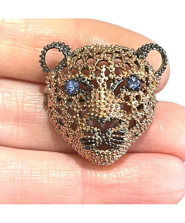 Sterling silver rose Gold plate Tanzanite gemstone Oxidized Cougar cat brooch