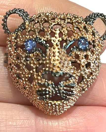 Sterling silver rose Gold plate Tanzanite gemstone Oxidized Cougar cat brooch
