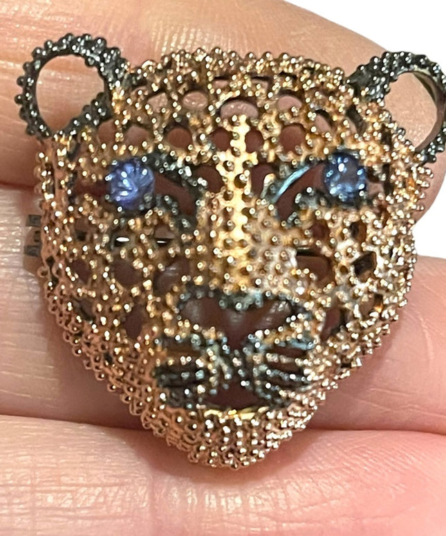 Sterling silver rose Gold plate Tanzanite gemstone Oxidized Cougar cat brooch