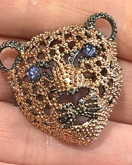 Sterling silver rose Gold plate Tanzanite gemstone Oxidized Cougar cat brooch