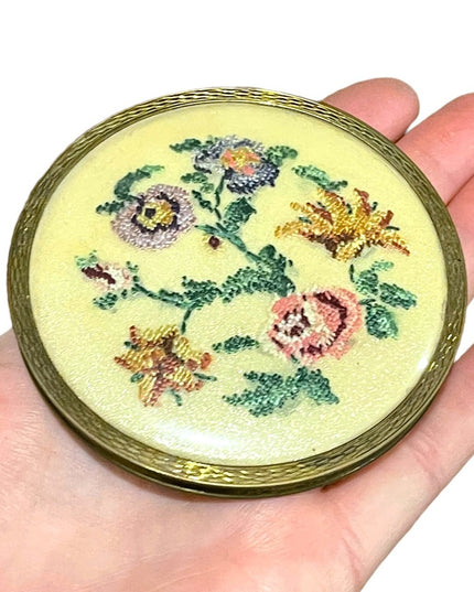 Vintage 1960s Needlepoint petite point Flower compact brass metal