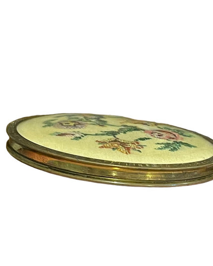 Vintage 1960s Needlepoint petite point Flower compact brass metal