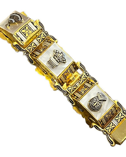 Vintage Gold plate MOP Chunky ornate enameled bracelet