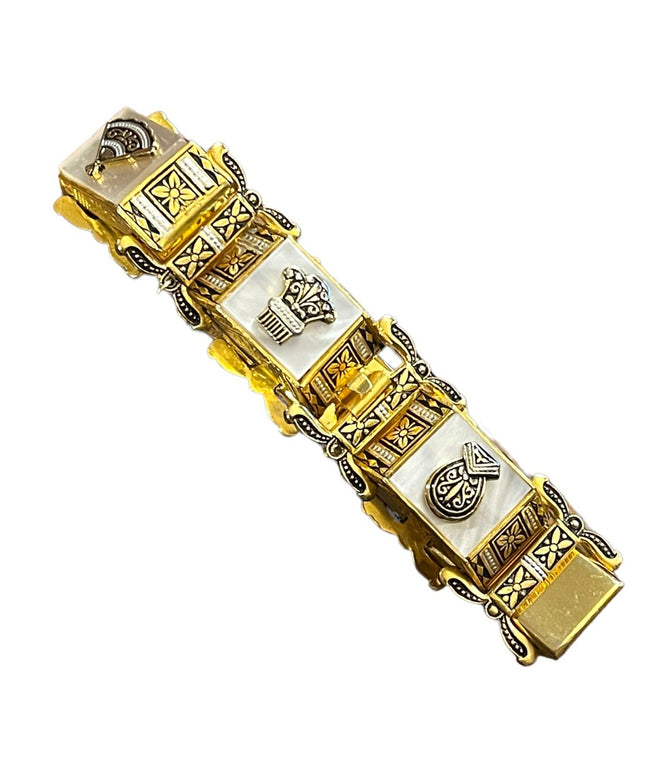 Vintage Gold plate MOP Chunky ornate enameled bracelet