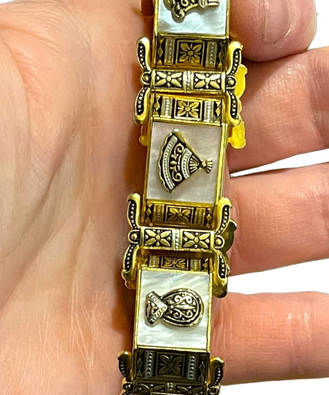 Vintage Gold plate MOP Chunky ornate enameled bracelet
