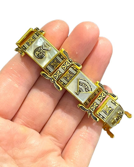 Vintage Gold plate MOP Chunky ornate enameled bracelet