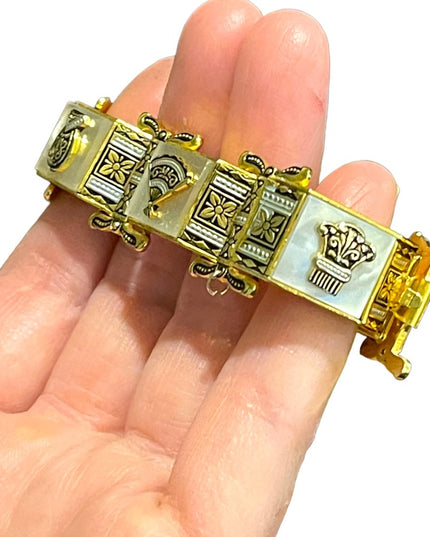 Vintage Gold plate MOP Chunky ornate enameled bracelet
