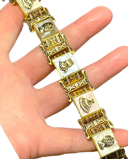 Vintage Gold plate MOP Chunky ornate enameled bracelet