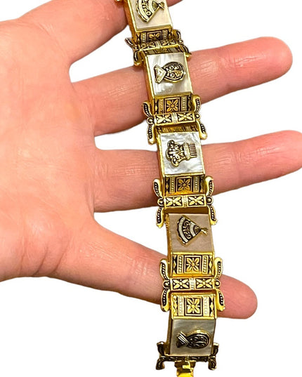 Vintage Gold plate MOP Chunky ornate enameled bracelet