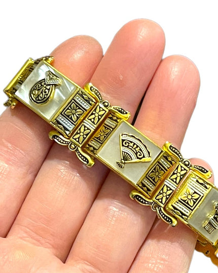Vintage Gold plate MOP Chunky ornate enameled bracelet