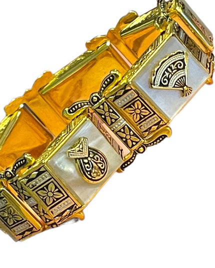 Vintage Gold plate MOP Chunky ornate enameled bracelet
