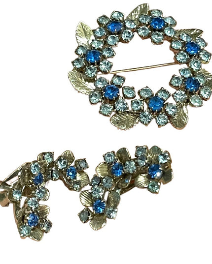 Vintage 1960s Silver TRIAD Blue crystal Clip on earring brooch flowers SET