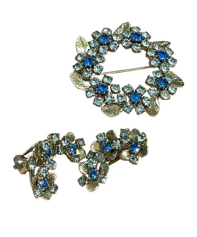 Vintage 1960s Silver TRIAD Blue crystal Clip on earring brooch flowers SET