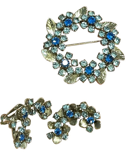 Vintage 1960s Silver TRIAD Blue crystal Clip on earring brooch flowers SET