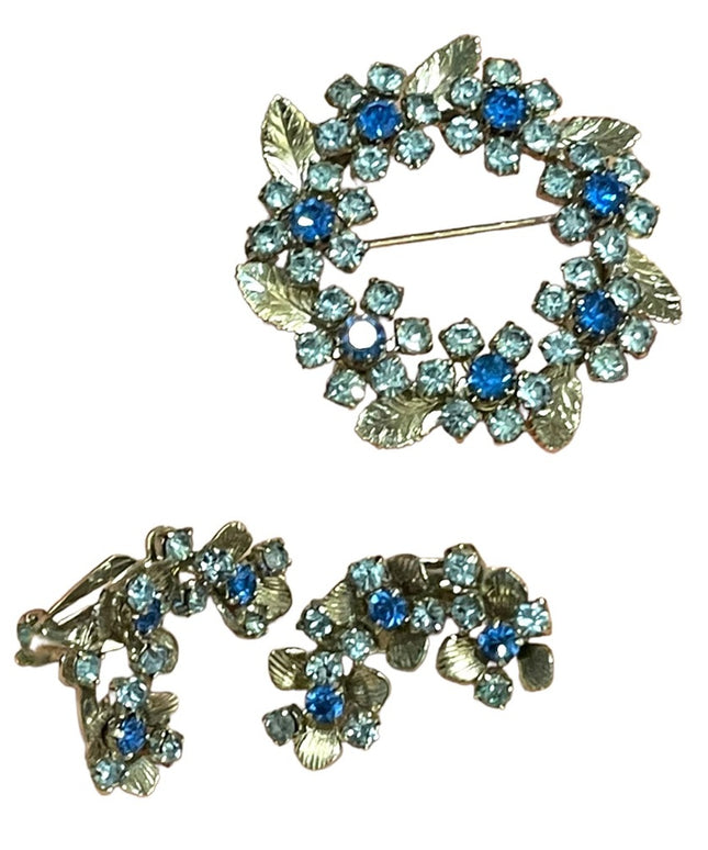 Vintage 1960s Silver TRIAD Blue crystal Clip on earring brooch flowers SET