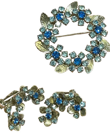 Vintage 1960s Silver TRIAD Blue crystal Clip on earring brooch flowers SET