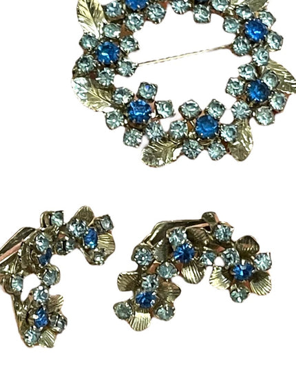 Vintage 1960s Silver TRIAD Blue crystal Clip on earring brooch flowers SET