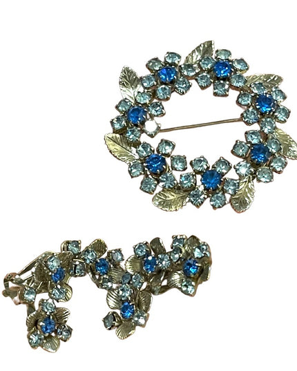 Vintage 1960s Silver TRIAD Blue crystal Clip on earring brooch flowers SET