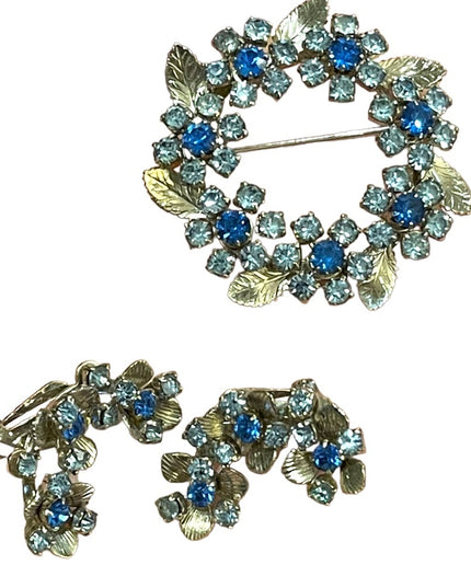 Vintage 1960s Silver TRIAD Blue crystal Clip on earring brooch flowers SET