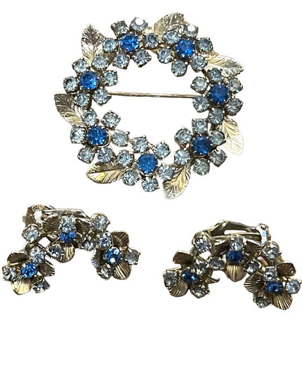 Vintage 1960s Silver TRIAD Blue crystal Clip on earring brooch flowers SET