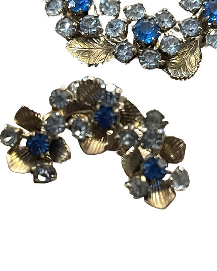 Vintage 1960s Silver TRIAD Blue crystal Clip on earring brooch flowers SET