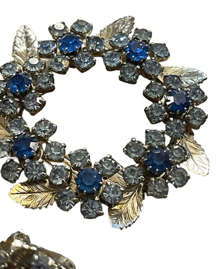 Vintage 1960s Silver TRIAD Blue crystal Clip on earring brooch flowers SET