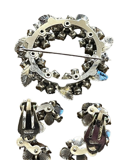 Vintage 1960s Silver TRIAD Blue crystal Clip on earring brooch flowers SET