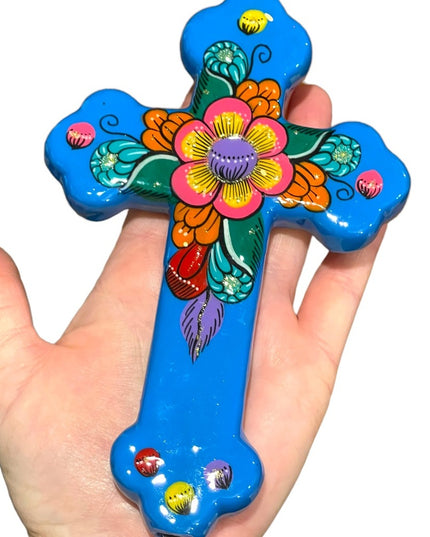 Mexico Mexican Terra Cotta Hand painted glazed Wall cross Religious Christian