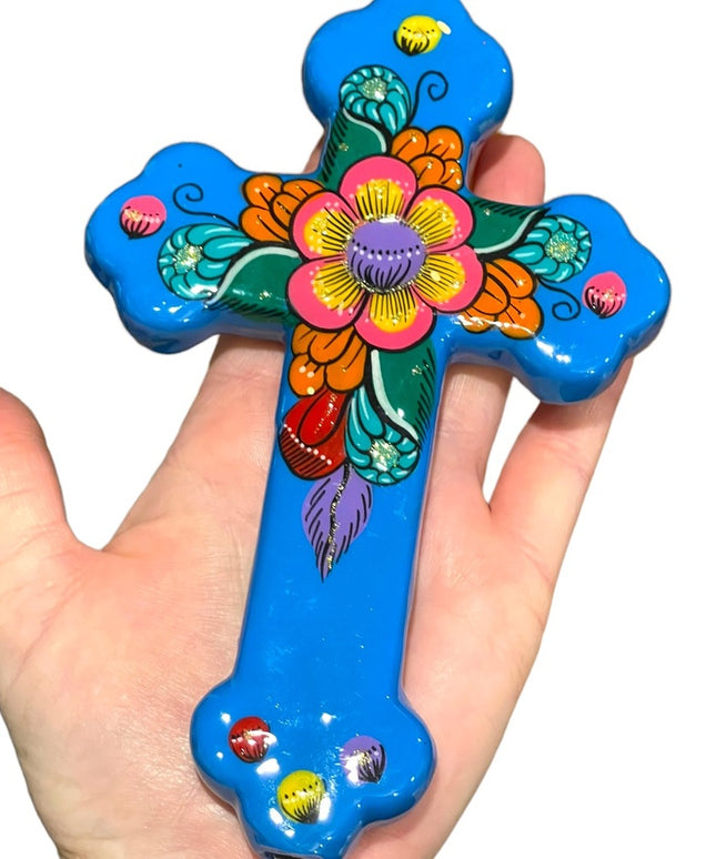 Mexico Mexican Terra Cotta Hand painted glazed Wall cross Religious Christian