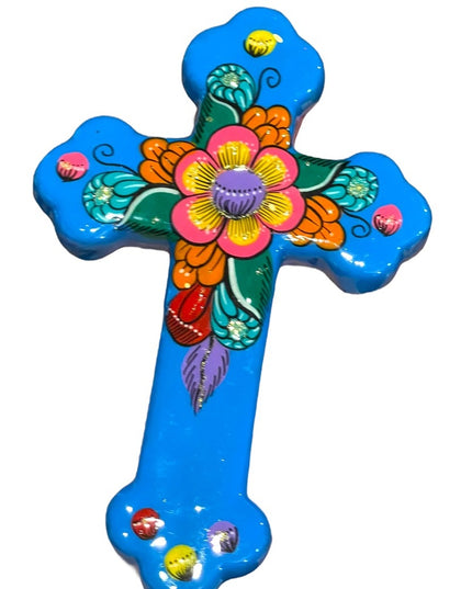 Mexico Mexican Terra Cotta Hand painted glazed Wall cross Religious Christian