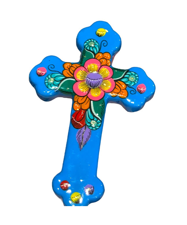 Mexico Mexican Terra Cotta Hand painted glazed Wall cross Religious Christian