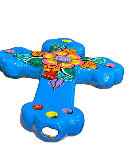 Mexico Mexican Terra Cotta Hand painted glazed Wall cross Religious Christian