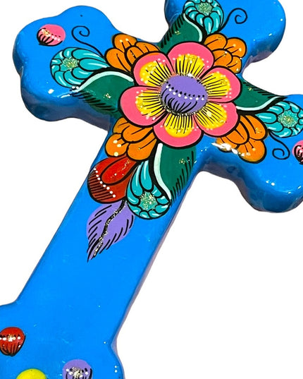 Mexico Mexican Terra Cotta Hand painted glazed Wall cross Religious Christian