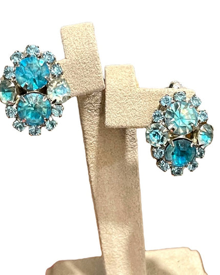 Vintage 1960s Blue Crystal silver finish fancy clip on earrings