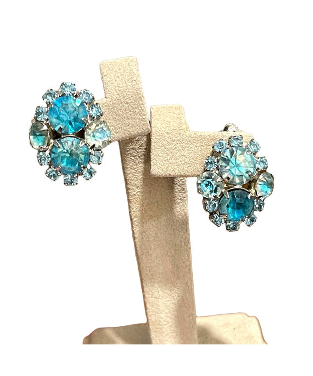Vintage 1960s Blue Crystal silver finish fancy clip on earrings