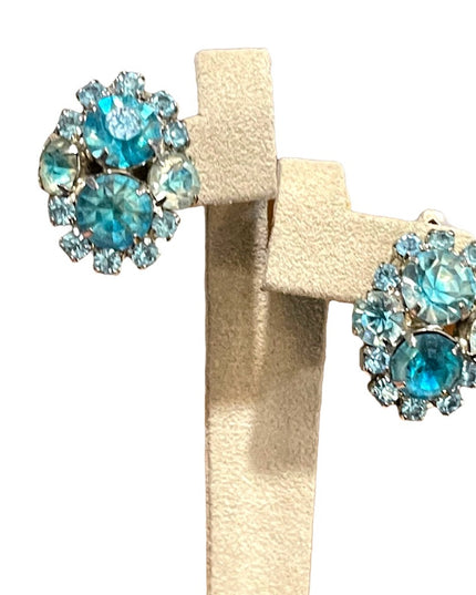 Vintage 1960s Blue Crystal silver finish fancy clip on earrings