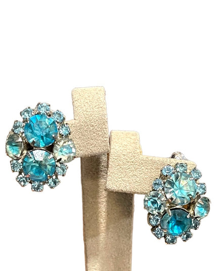 Vintage 1960s Blue Crystal silver finish fancy clip on earrings