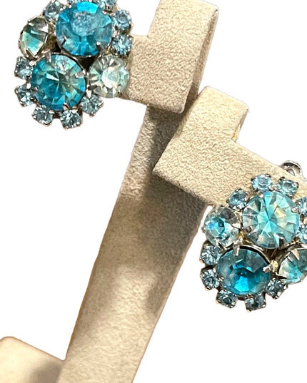 Vintage 1960s Blue Crystal silver finish fancy clip on earrings