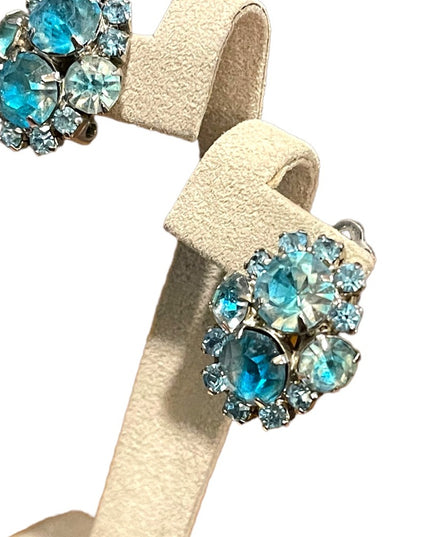 Vintage 1960s Blue Crystal silver finish fancy clip on earrings