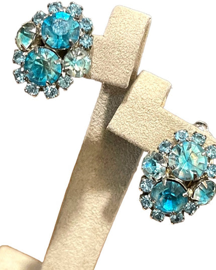 Vintage 1960s Blue Crystal silver finish fancy clip on earrings