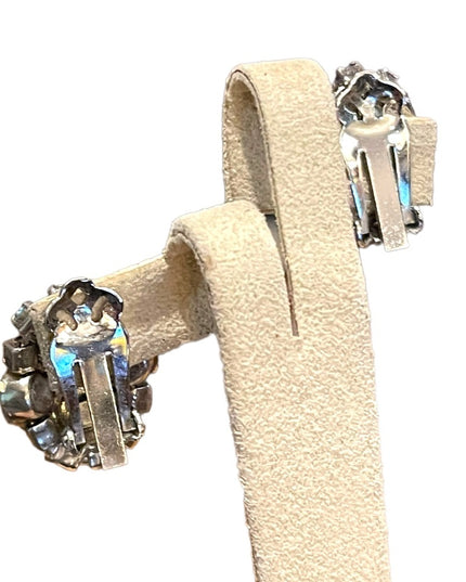 Vintage 1960s Blue Crystal silver finish fancy clip on earrings