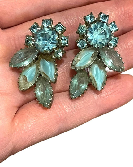 Vintage silver finish fancy Juliana style Blue crystal flower clip on earrings