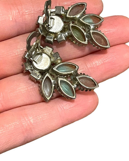 Vintage silver finish fancy Juliana style Blue crystal flower clip on earrings