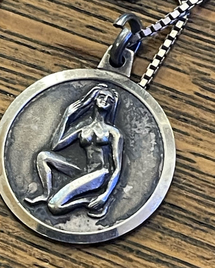 Vintage Virgo Virgin Zodiac pendant necklace sterling silver 925 Naked lady